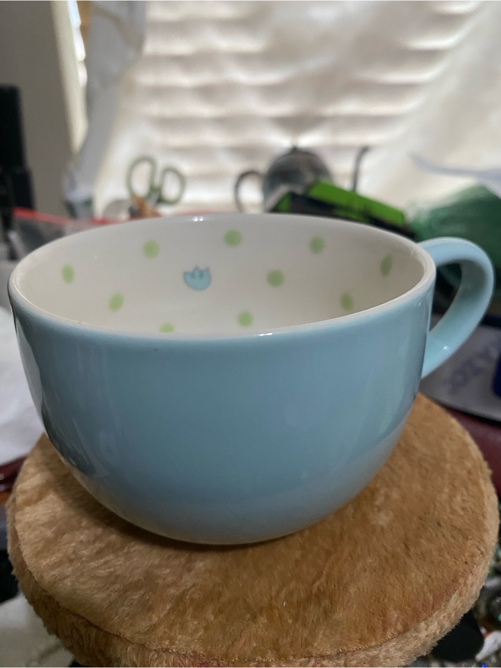 VTG STARBUCKS CAPPUCCINO COFFEE TEA CUP MUG POLKA DOT WITH blue LEAF 2005